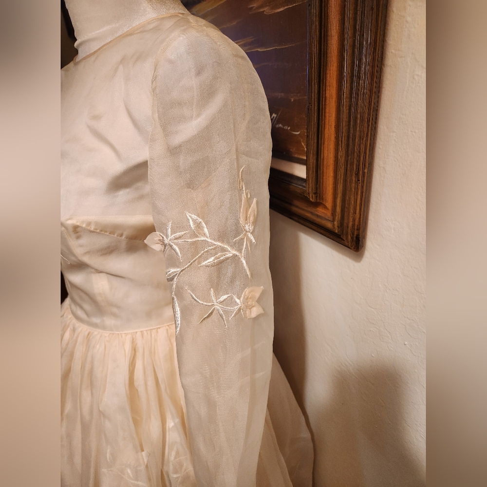 Vintage 1950s Ivory White Fit & Flare Embroidered Tulle Wedding Dress - Picture 8 of 15
